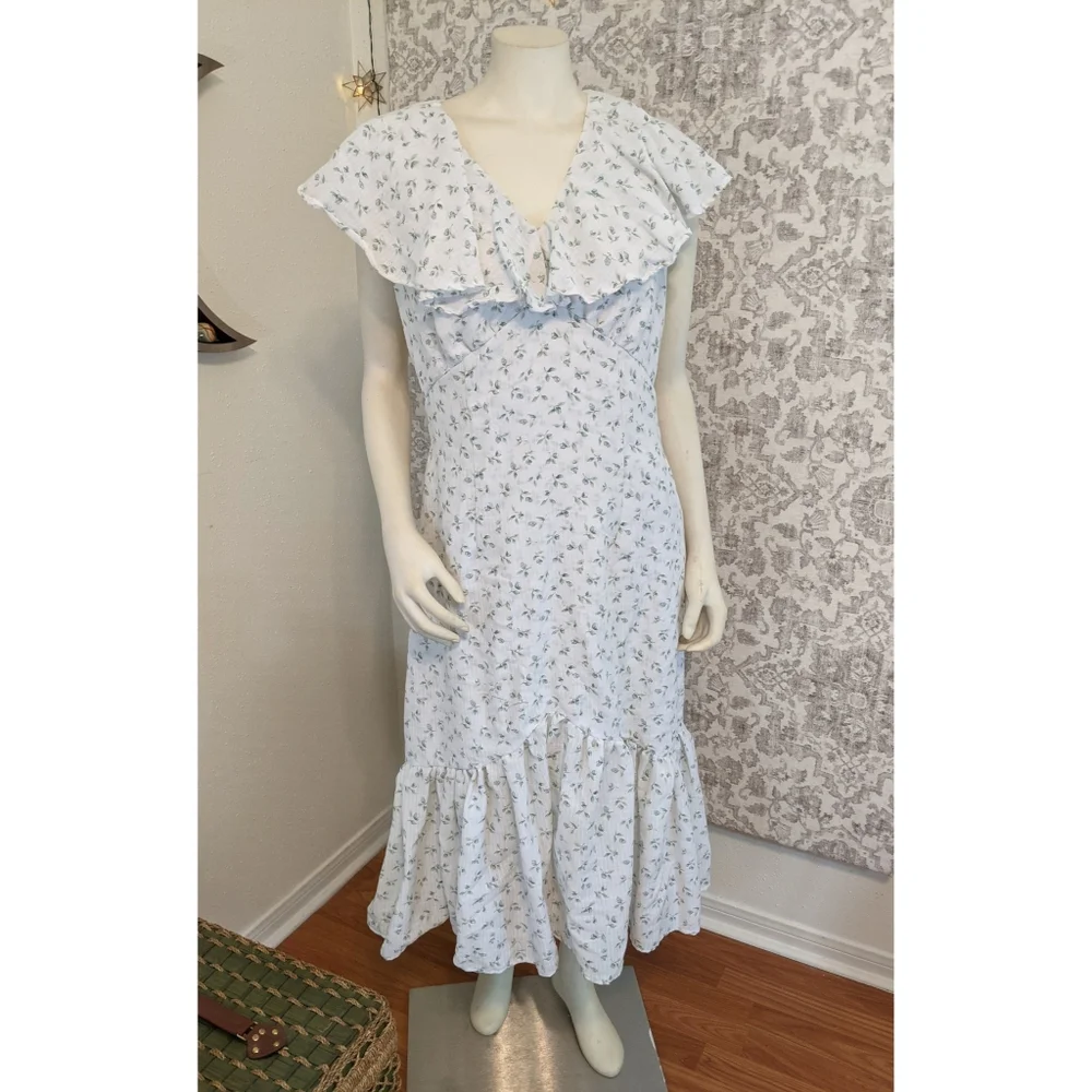 Handmade White Ditsy Floral Ruffle Neck Summer Cotton Midi Dress - Picture 2 of 8